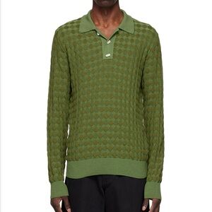 NAMACHEKO Diamond Long Sleeve Polo Green Textured Knot Men's Shirt NWT *flawed*